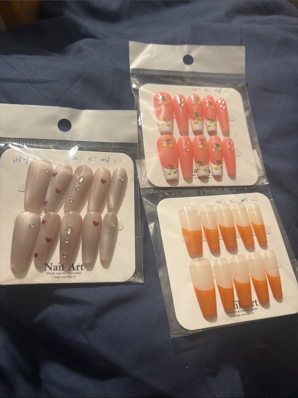 Set of 3 Press-On Nail Packs - Pink Hearts, Coral Floral, Orange French Tips